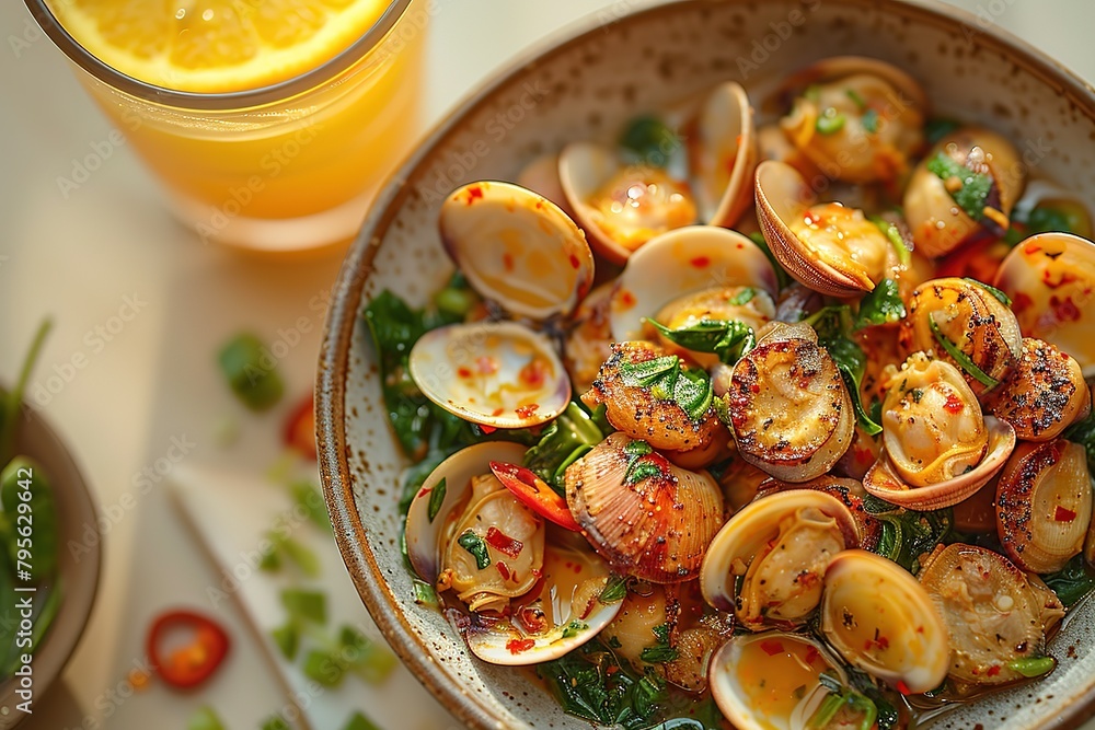 A bowl of clams with chili and spinach, placed on the table next to an orange juice glass A bowl of clams with chili and spinach, placed on the table next to an orange juice glass