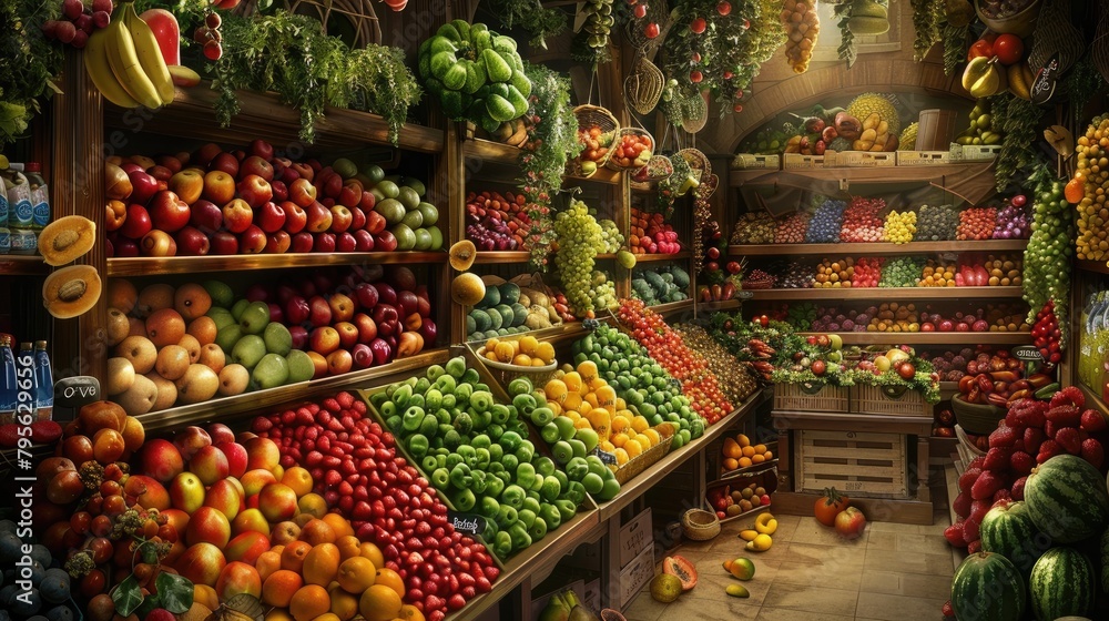 beautiful real fruit stores, where a colorful array of fresh fruits adorns the shelves, inviting customers to indulge in nature's bounty.