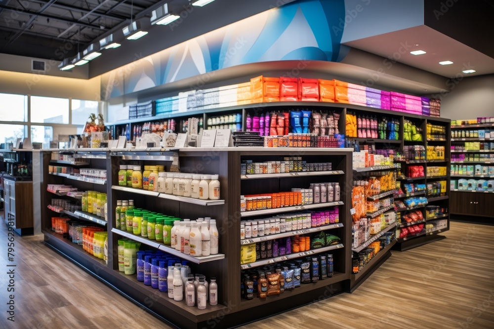 A Vibrant Nutrition Supplement Store with Fitness Branding, Displaying a Wide Array of Health Products and Workout Equipment