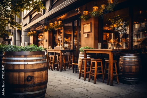 A Rustic Craft Beer Pub with Aged Wooden Barrels Lined Up Outside, Signifying the Authentic Brews Served Inside photo