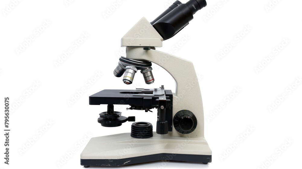 Closeup a modern microscope for science laboratory on white background. AI generated image