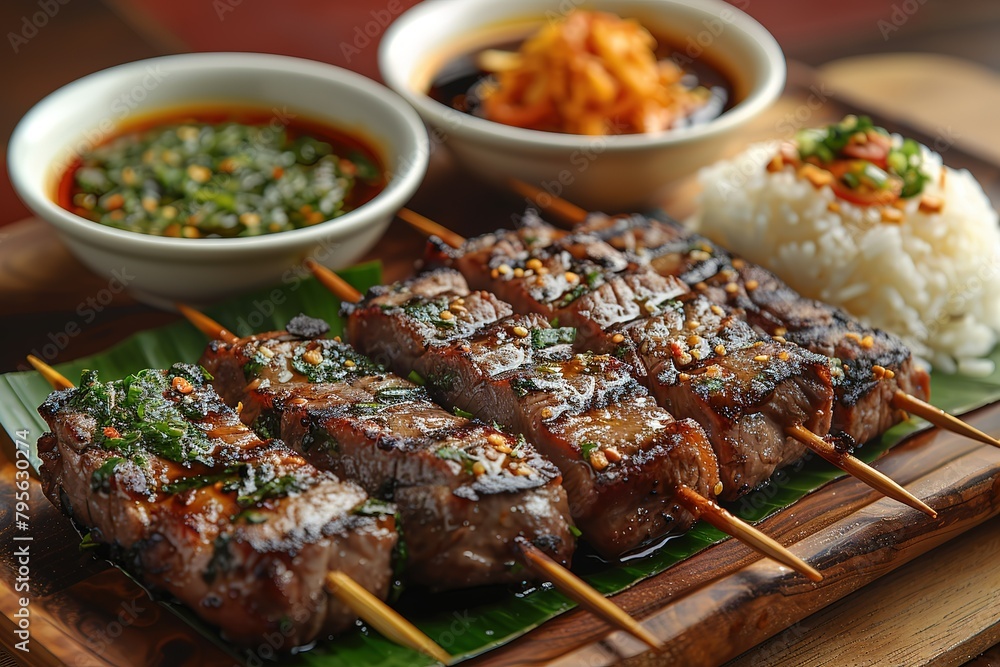 A dish of grilled beef on wooden sticks with green leaves and brown sauce in white bowls A dish of grilled beef on wooden sticks with green leaves and brown sauce in white bowls