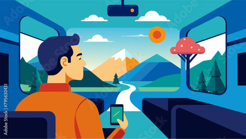 A passenger on a train ride watches the landscape fly by their entertainment system streaming facts and trivia about the areas they pass through.