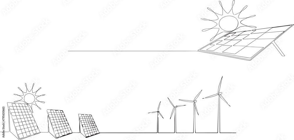 One continuous line drawing of wind turbine and Solar panel with sun ...