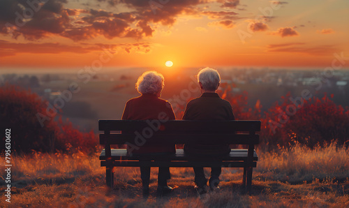 Elderly couple enjoying a beautiful sunset while sitting on a bench.
