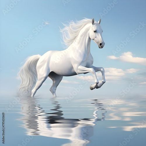 A beautiful amazing white horse runs on the water. Mystical portrait of an elegant stallion. Reflection of a white horse in the water. 3d render © Khansa