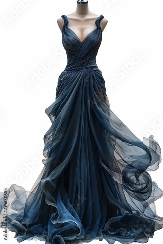 The stunning navy blue silk dress on the mannequin exudes romantic elegance and is perfect for special occasions.