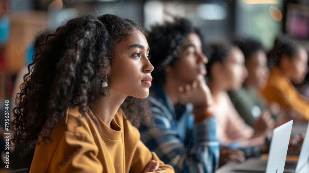 Focused Young Woman Engaged in Learning at Workshop