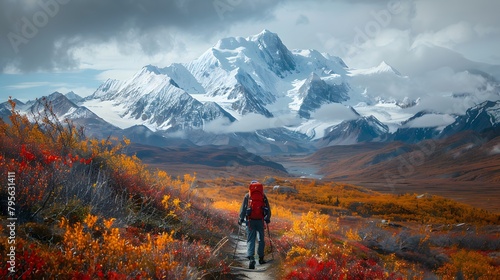A hiker treks along a winding mountain trail, the snow-capped peaks towering above, their rugged beauty contrasting with the vibrant autumn foliage below.