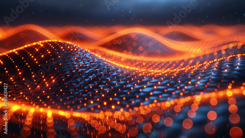 Dynamic waves of energy rippling through a digital field, their undulating forms resembling a digital heartbeat.