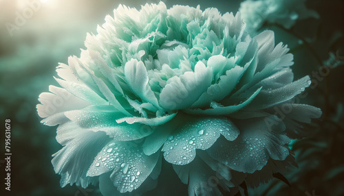 A big mint peony with raindrops shimmering on its petals. The peony is in full bloom, with its lush, ruffled petals displaying shades of soft mint green. Cover. Design. Wallpaper. photo