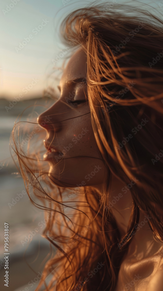 Beach Serenity, Close-Up of Wind-Swept Hair at Sunset Beach Serenity, Close-Up of Wind-Swept Hair at Sunset
