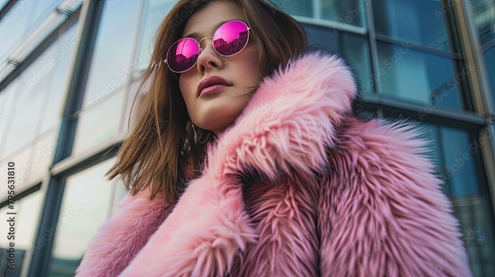 Woman in Pink Fur Coat and Sunglasses. Woman in Pink Fur Coat and Sunglasses.