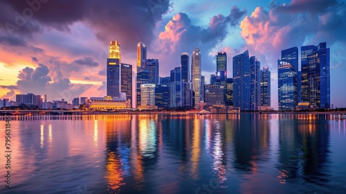 An evening cityscape with dramatic clouds, illuminated skyscrapers, reflecting lights on water, showcasing urban beauty and architecture. Resplendent.