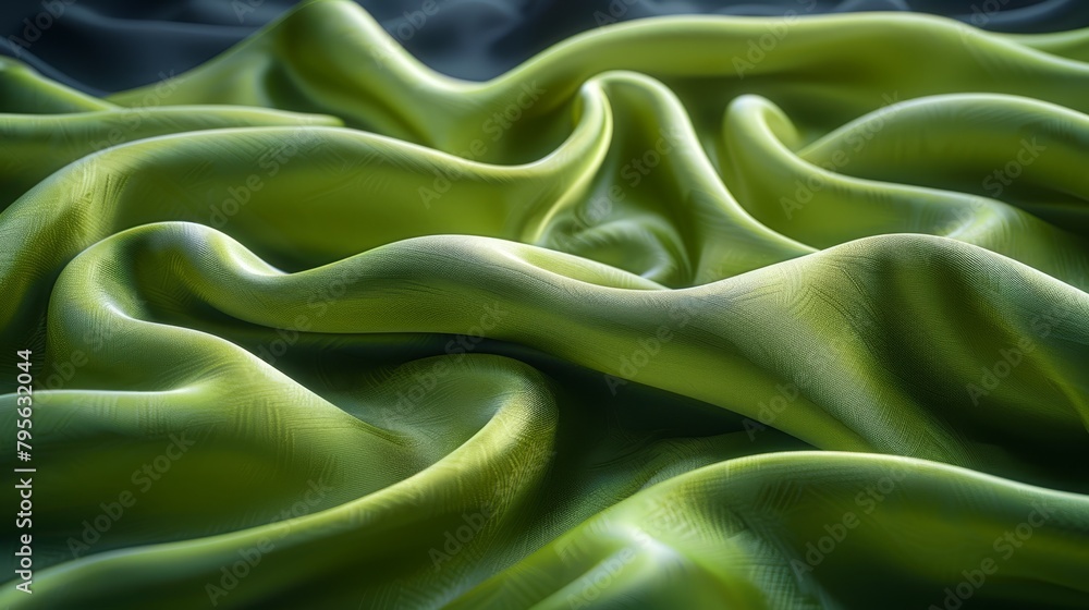 A tight shot of a green fabric, displaying undulating patterns at its upper and lower edges A tight shot of a green fabric, displaying undulating patterns at its upper and lower edges