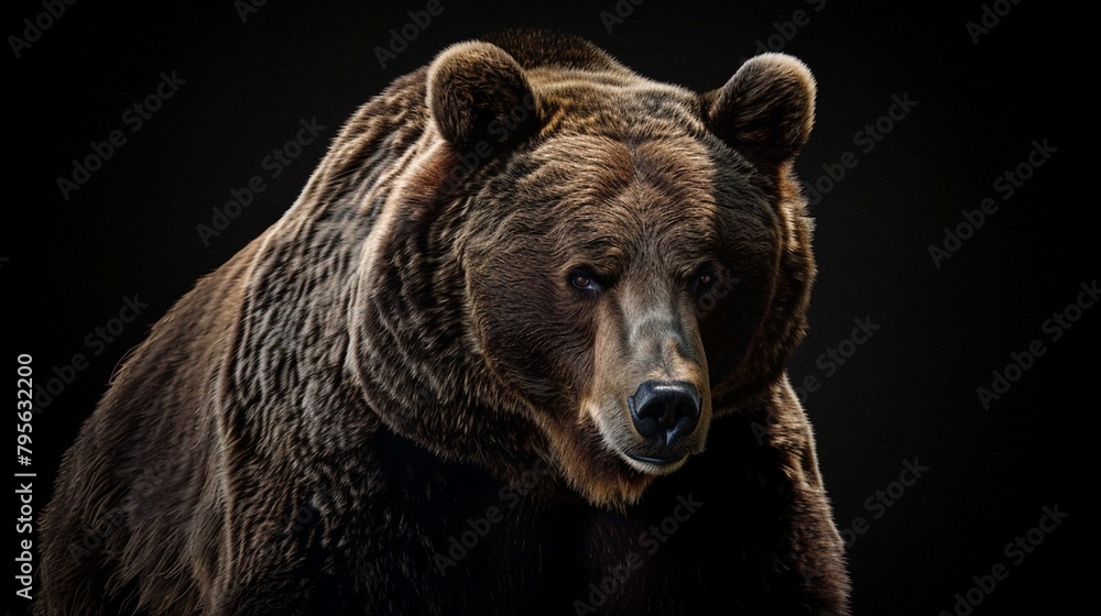 Fototapeta premium a close-up view of a majestic brown bear on a black background. Generative AI