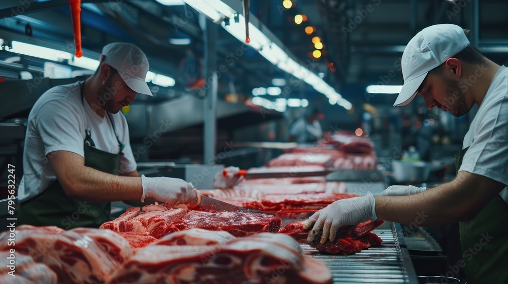 Closeup workers cutting fresh raw meat at food industry. AI generated image