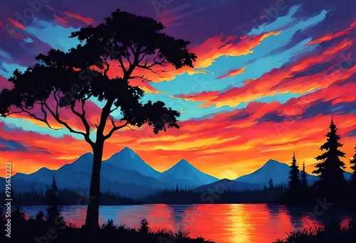 Silhouette tree  beautiful painting  © Shahla