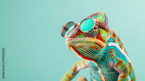 Cool chamaleon in sunglasses. Generative AI photo