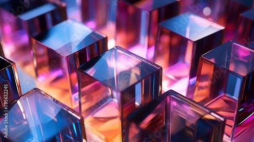 Close-up, high-resolution photograph of multiple transparent geometric glass shapes, neatly placed on a well-lit surface