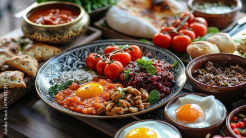 Plate of eggs, beans, tomatoes, and bread