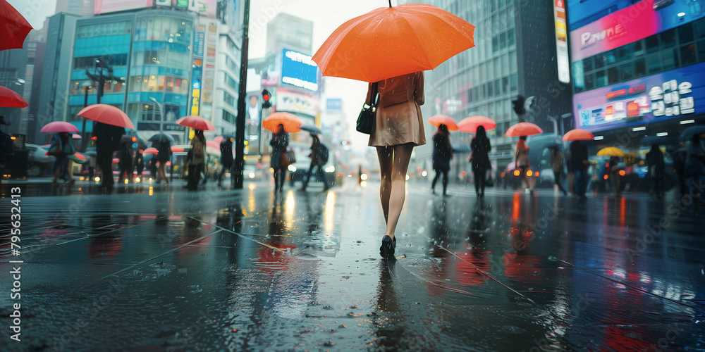 Obraz premium 雨の日の都会で傘をさして歩く人々