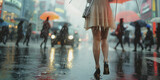 都市風景、雨の日の傘をさして歩く女性