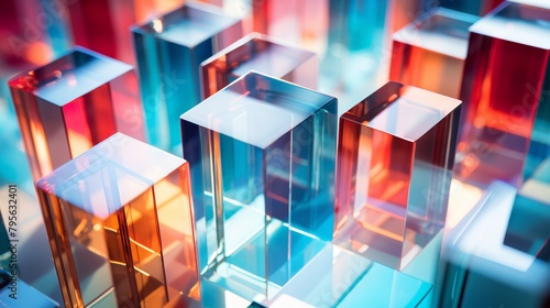 High-resolution close-up image of various transparent glass geometric shapes arranged on a brightly lit surface, showcasing clarity and precision