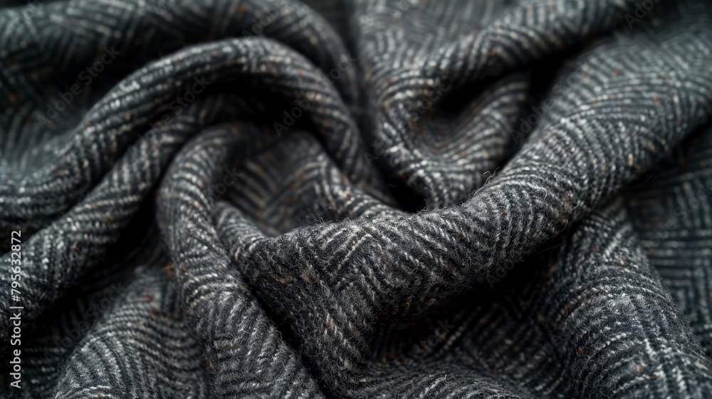 A tight shot of a monochrome fabric exhibiting herringbone patterns along its exterior A tight shot of a monochrome fabric exhibiting herringbone patterns along its exterior