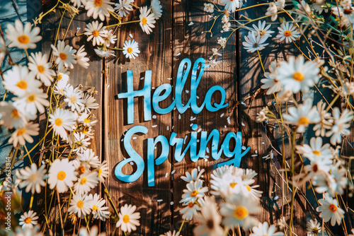 "Hello Spring" written on wooden board surrounded by flowers
