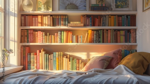 a minimalist white shelf adorned with books, bathed in natural light, showcasing professional photography techniques and high-resolution detail, evoking the sensation of a cozy bed nearby.