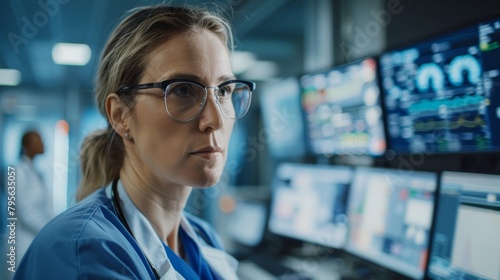 A woman wearing a white lab coat and glasses is looking at a computer monitor