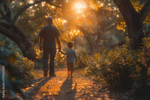 Summer morning in the park: father, visiting son, and young grandson create lasting memories amid nature's beauty photo