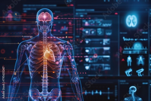 A computer monitor displays a man's skeleton with a heart on it. The heart is surrounded by a red circle, and the skeleton is surrounded by a blue circle. Concept of life and vitality