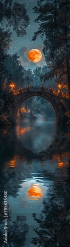 A bridge over a river with a full moon in the sky photo