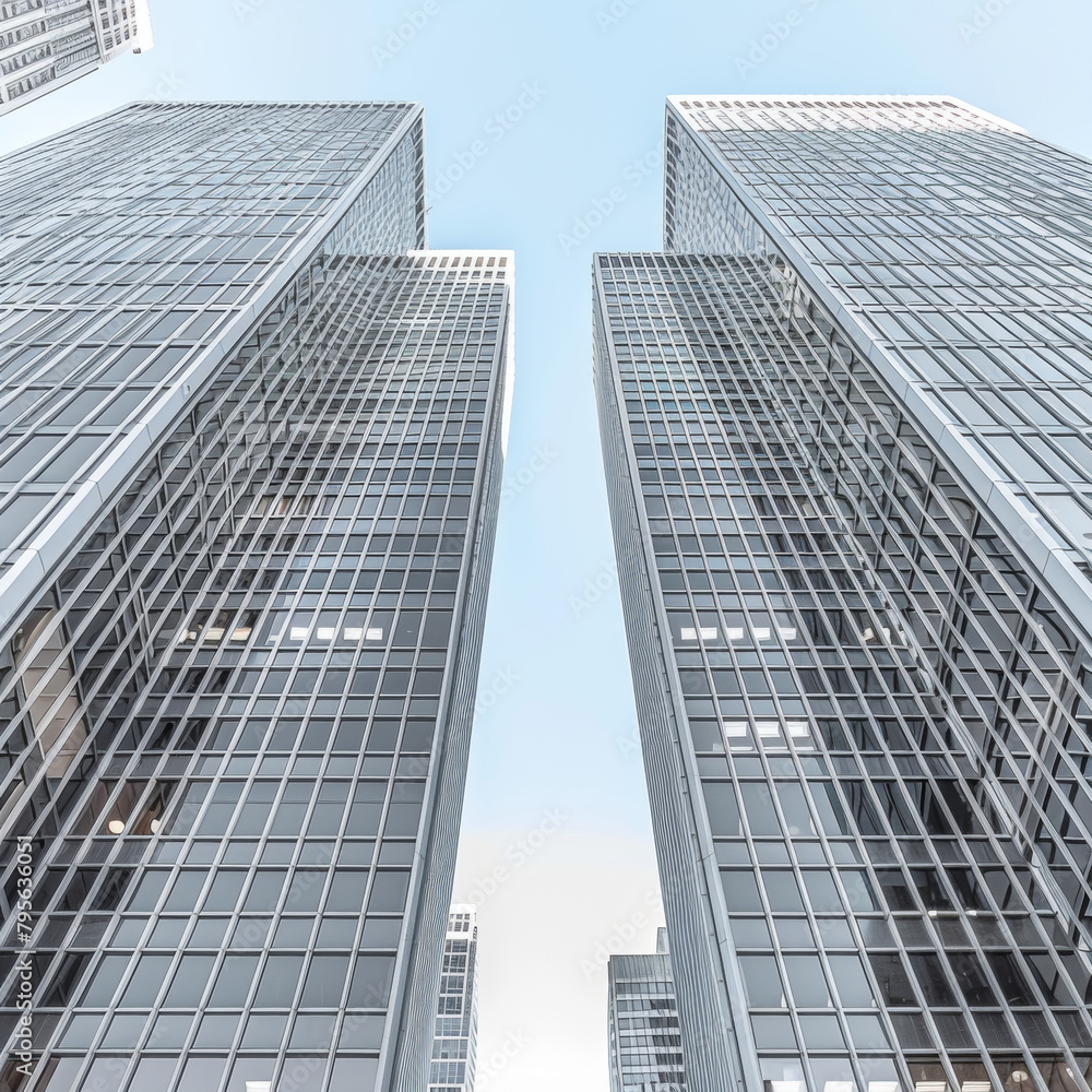 Two tall buildings with many windows and a clear blue sky in the background. The buildings are very tall and have a modern look