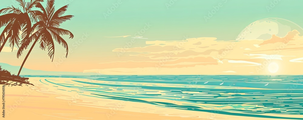 Tropical sunset with silhouette of palm trees and calm sea. Vector illustration in pastel colors.