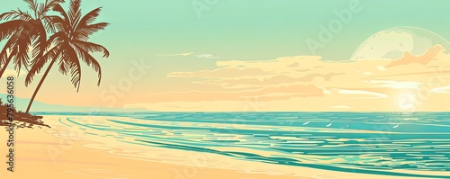 Tropical sunset with silhouette of palm trees and calm sea. Vector illustration in pastel colors. © Andrey