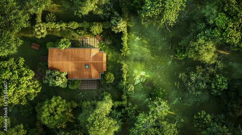 Aerial view of modern wooden house among green trees with sunlight. Eco-living and architecture concept