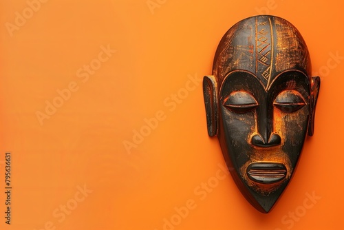 A wooden mask adorns an orange wall as a human body sculpture event