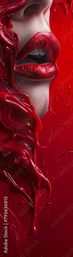 A woman's face is covered in red paint, with her lips painted red A woman's face is covered in red paint, with her lips painted red
