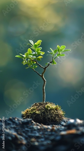 A small tree is growing in the dirt