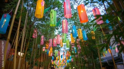 Colorful paper lanterns suspended among bamboo leaves. Daylight shot with vibrant colors for cultural festivals.
