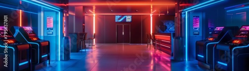 A futuristic bank lobby glows with interactive, neonlit teller pods, where customers conduct transactions in a highly secure, cybernetic environment