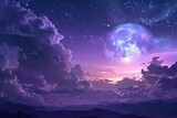 Gradient mystical moonlight sky with clouds and stars, Fantasy Skyline with Moon and Stars Above Clouds purple gradient mystical moonlight sky, Ai generated