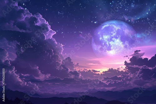 Gradient mystical moonlight sky with clouds and stars  Fantasy Skyline with Moon and Stars Above Clouds purple gradient mystical moonlight sky  Ai generated