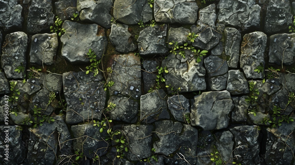 Stone wall covered with plants