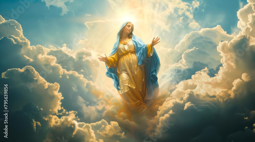 Statue of the Virgin Mary in blue and gold robes ascending among clouds