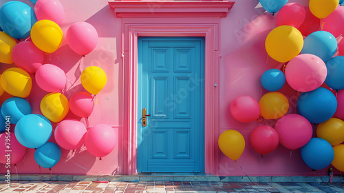 colorful balloons flutter on a pink background