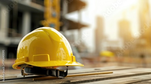 Yellow safety construction helmet on wood table with construction site background